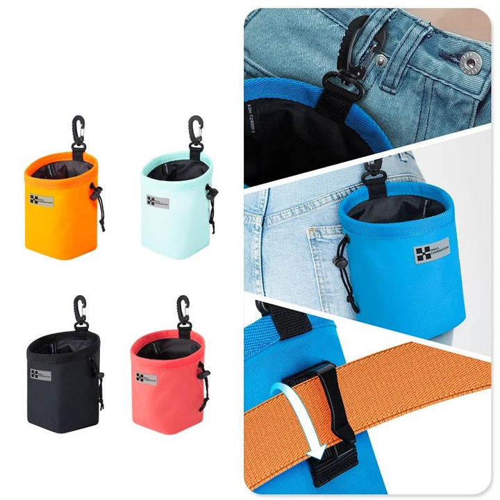 Weather-resistant dog treat pouch with a quick-access drawstring, ideal for dog training accessories.