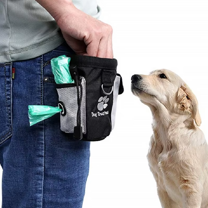 Dog treat training pouch with poop bag dispenser, ideal for pet training and dog walking.