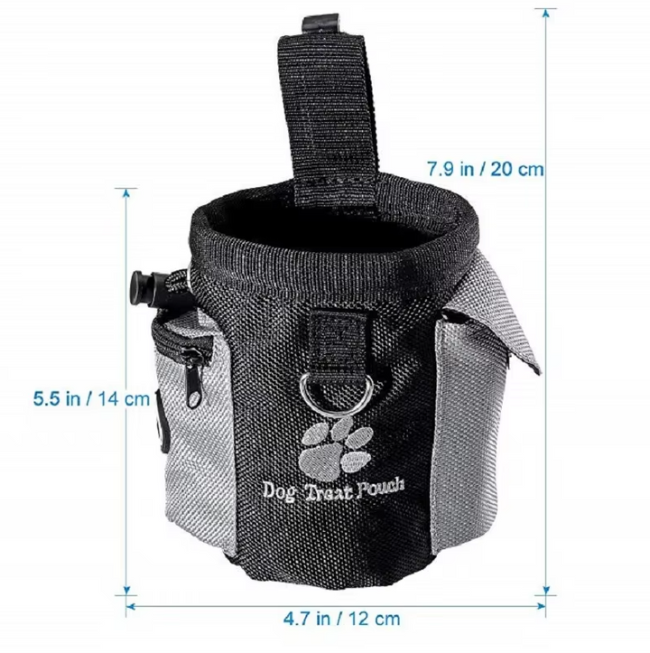 Training pouch for dogs featuring a built-in poop bag dispenser, essential pet supplies for walks.