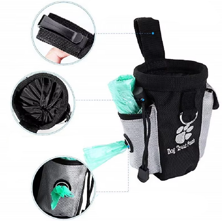 Durable dog treat training pouch with integrated poop bag dispenser for hands-free walks.