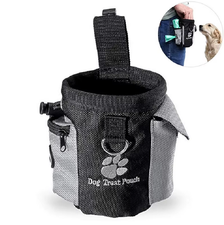 Efficient dog walking gear: treat bag with convenient poop bag dispenser for pet owners.