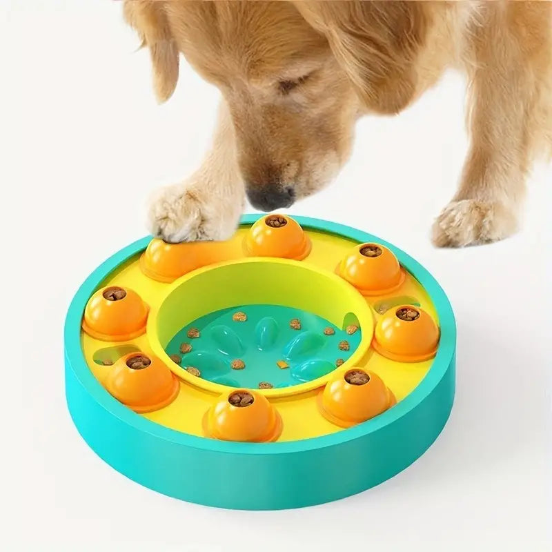 Dog using an interactive pet puzzle feeding station for mental stimulation, showing multiple compartments.