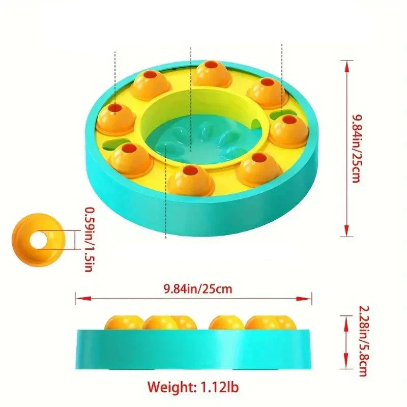 Detailed image of an interactive dog toy, a puzzle feeding station for pet mental stimulation and enrichment.