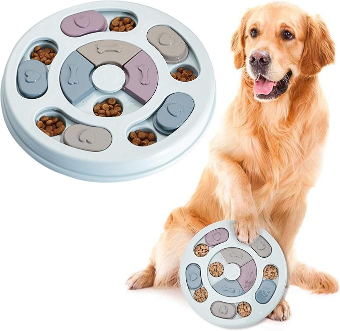 Overhead view of a dog puzzle slow feeder designed to prevent gulping and provide mental stimulation.