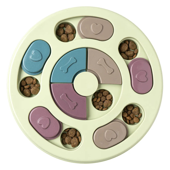 Interactive dog puzzle feeder with treat compartments, enhancing mental stimulation and dog health.