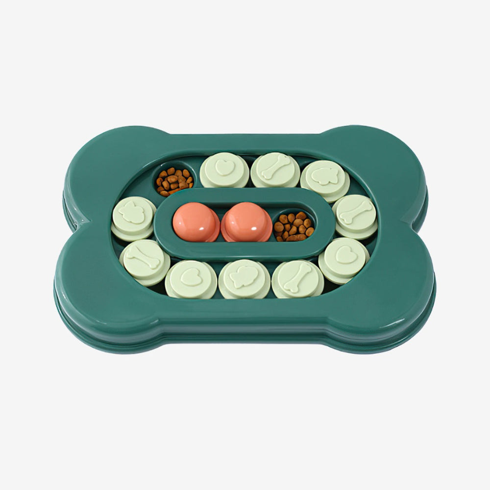 Dog using interactive sliding foraging tray puzzle toy for mental stimulation and slow feeding.