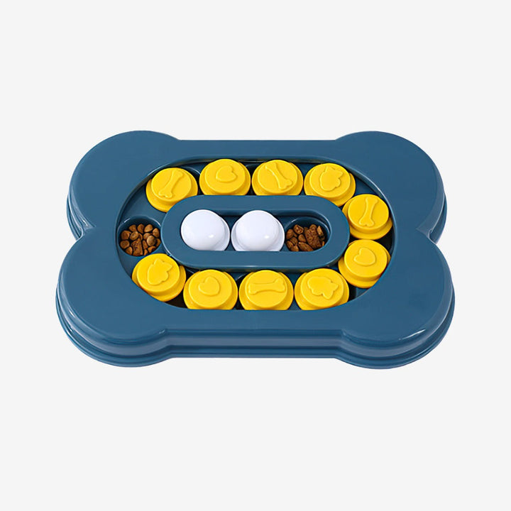 Close-up of a new interactive dog toy with sliding parts, designed for mental stimulation.