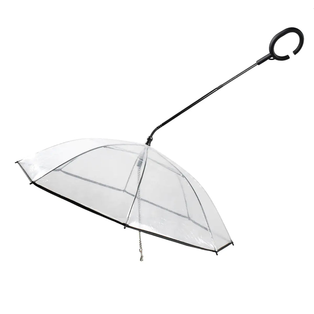 Dog walking clear pet umbrella with leash, offering transparent rain protection for small to medium dogs
