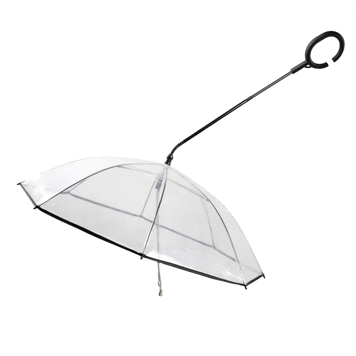 Dog walking clear pet umbrella with leash, offering transparent rain protection for small to medium dogs