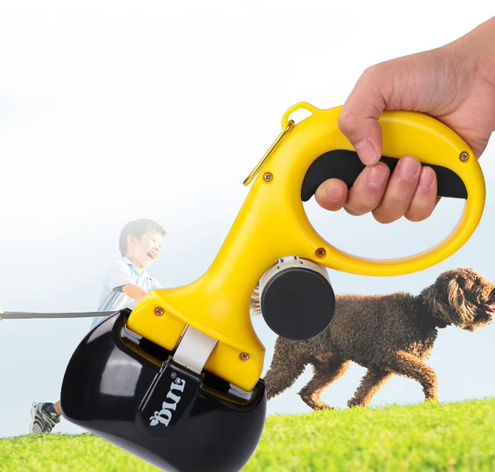 Dog waste bag dispenser with carrying handle for convenient pet waste disposal on walks.
