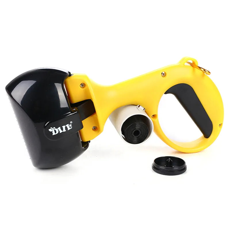 Hands-free dog waste bag dispenser with integrated carrying handle, perfect for walks.