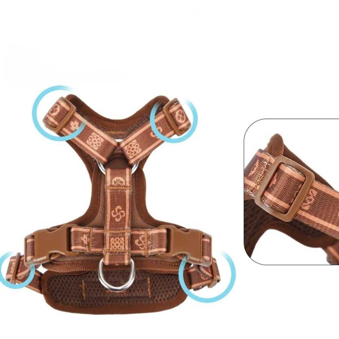 Side view of a black dog harness, emphasizing the reflective accents and breathable mesh construction.