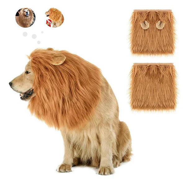 Adorable dog in a fluffy light brown lion mane pet accessory, ideal for fancy dress.