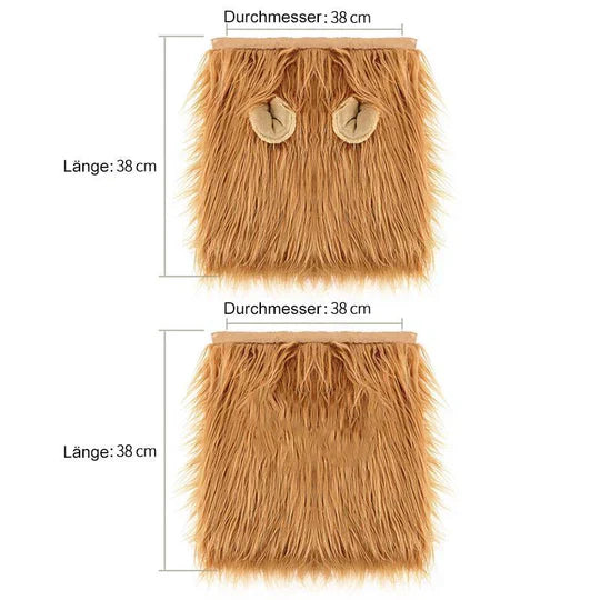 Front view of a dog proudly wearing a shaggy light brown lion mane costume, photo prop ready.