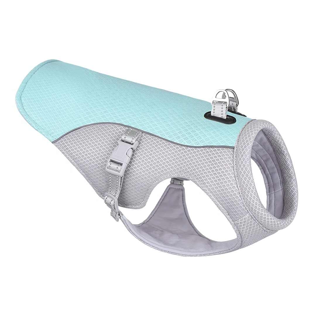 Collection of dog cooling vests in various sizes, offering pet summer heat protection