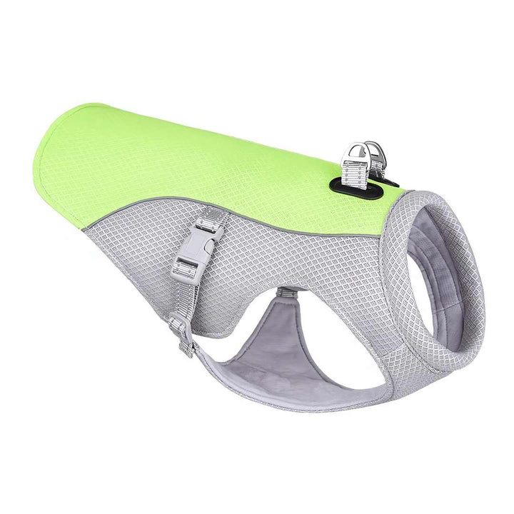 Front view of dog modeling a summer cooling vest, emphasizing comfort and safety