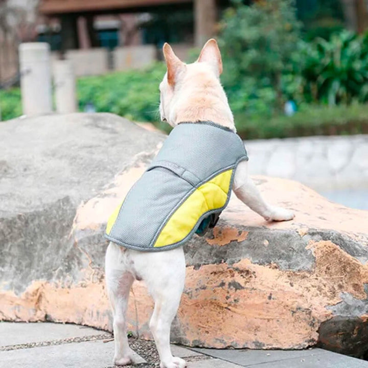 Close-up of a dog cooling vest fabric, highlighting breathable material for canine comfort and summer gear.
