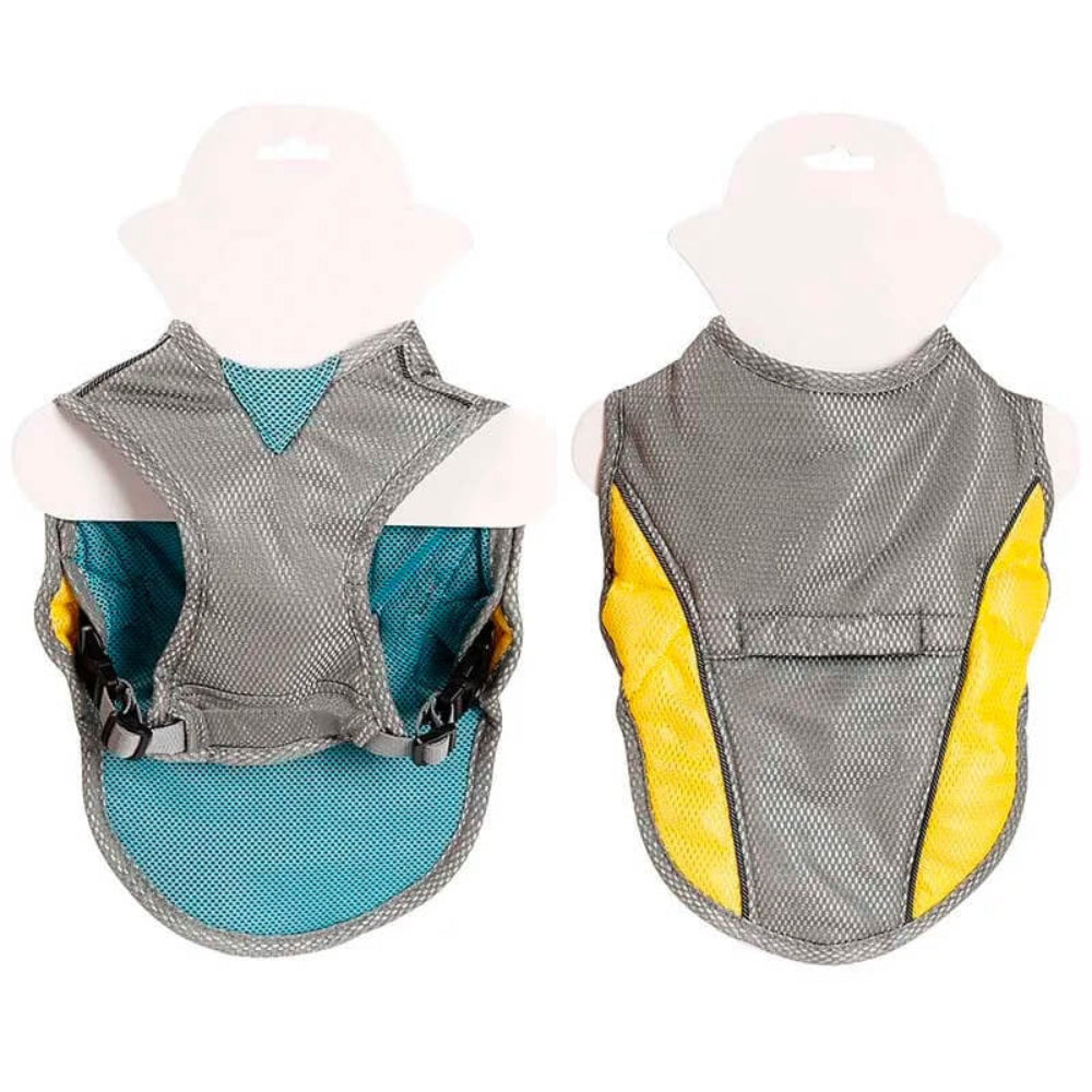 Product shot of a folded dog cooling vest, emphasizing portability and ease of use for heat relief.