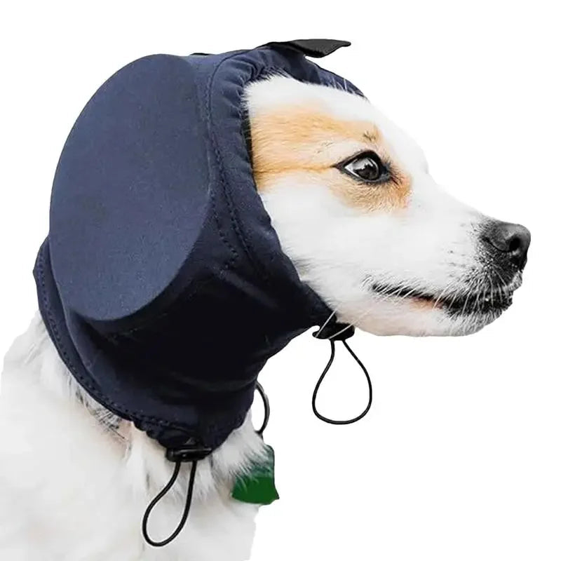 Dog wearing noise-canceling earmuffs for hearing protection, red color, for anxiety relief, pet safety