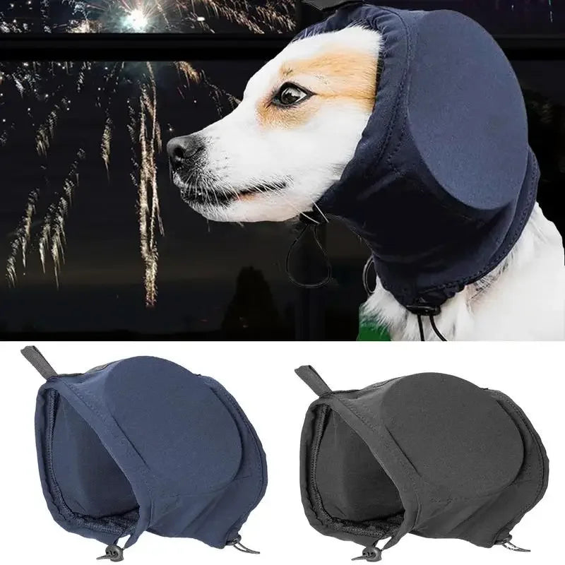 Close-up of golden retriever in noise-reducing earmuffs, black, for canine comfort & pet ear protection