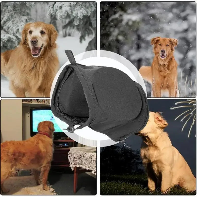 Side view of dog wearing blue noise-reducing earmuffs, pet accessory for canine comfort and ear protection