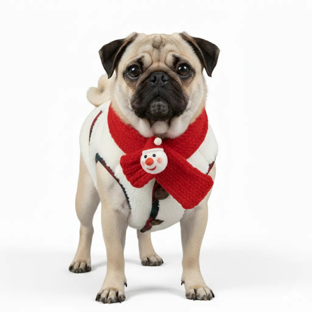 Dog wearing red and black plaid winter jacket with matching scarf, cozy pet apparel