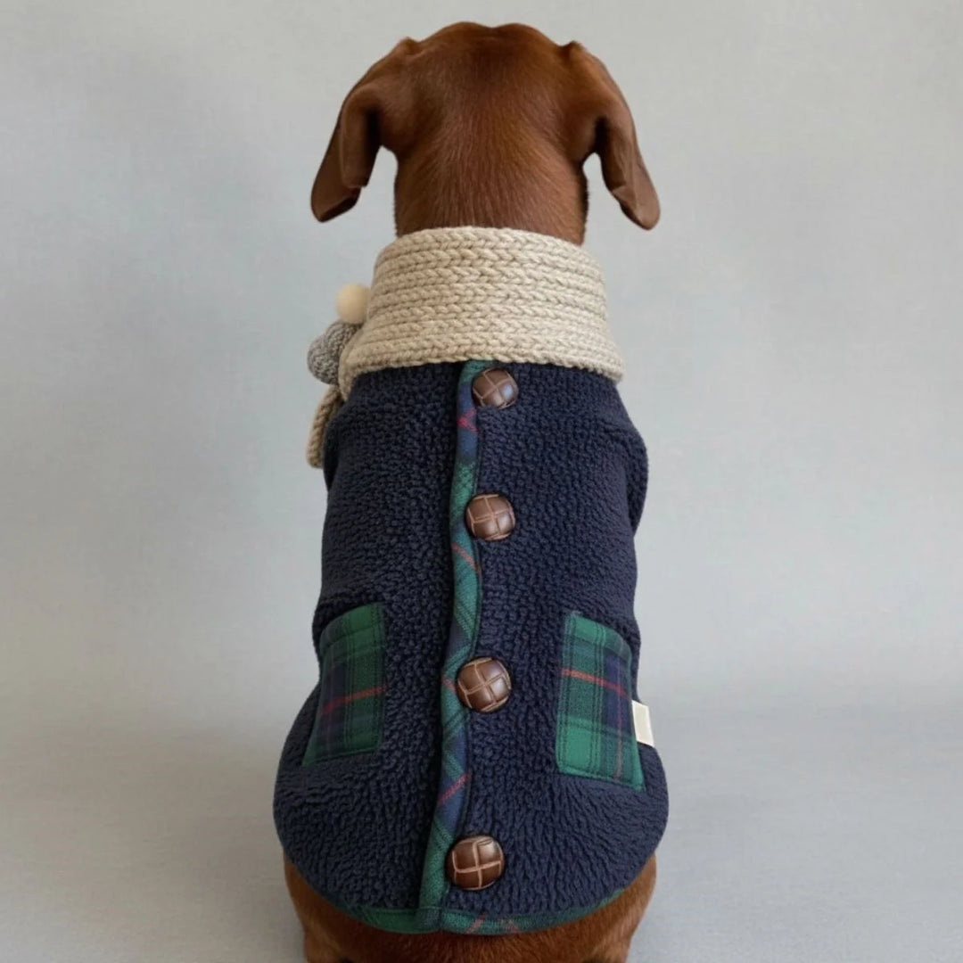 Close-up of the red plaid pattern on a dog's winter jacket with knitted scarf detail