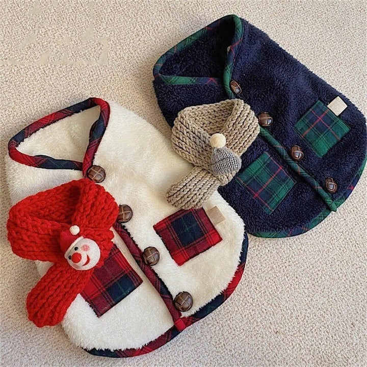 Dog in a warm, durable red plaid winter jacket enjoying a snowy day, pet coat outdoor
