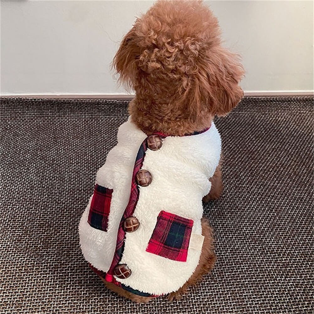 Rear view of dog walking in a cozy plaid winter jacket and scarf, winter pet apparel