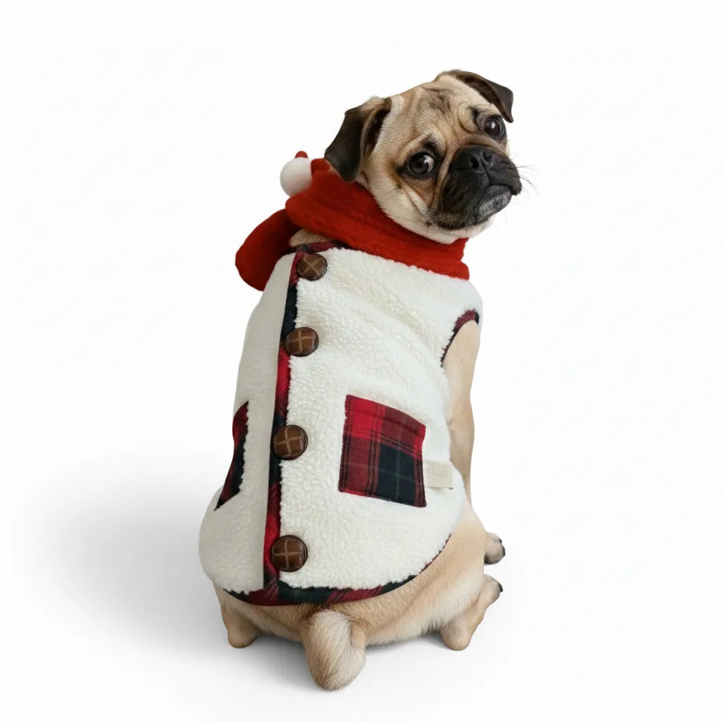 Small dog in festive plaid winter jacket and scarf, warm fleece lining pet coat
