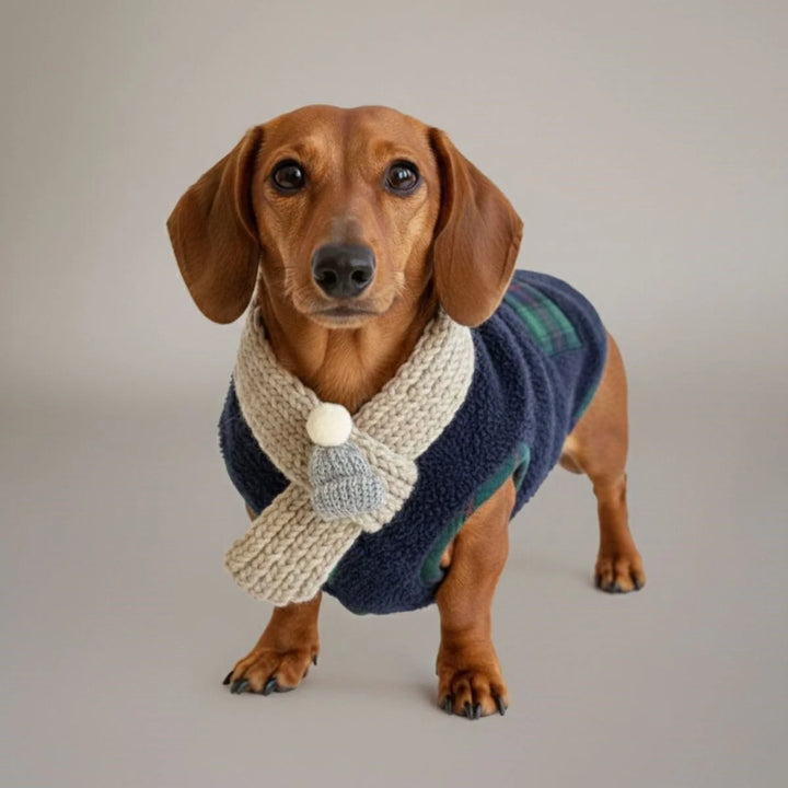 Dog looking up while wearing a red plaid winter jacket and scarf, cute pet clothing