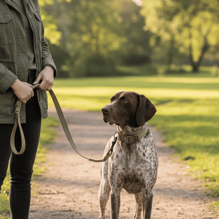 Close up of reflective tactical dog collar with heavy-duty metal hardware, comfortable & durable