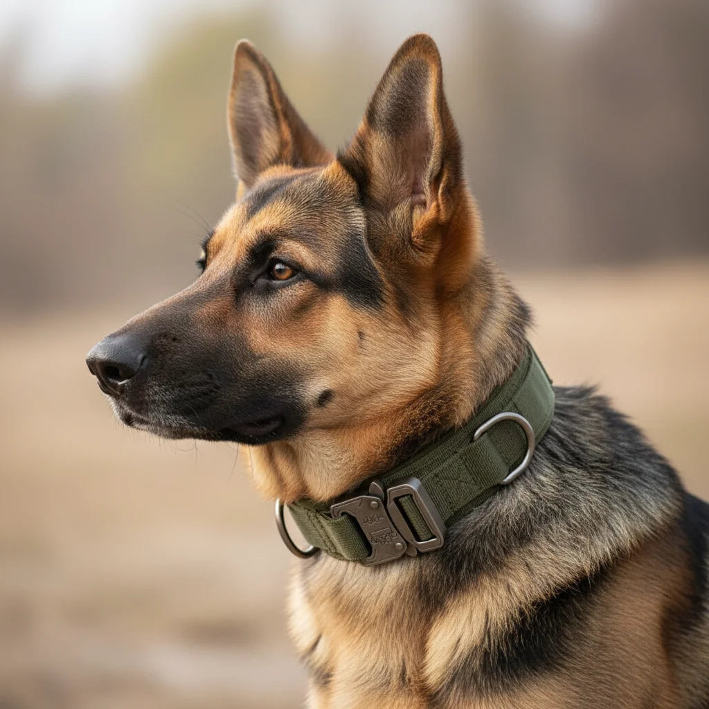 Black tactical dog collar with integrated control handle for large dogs; ideal for training