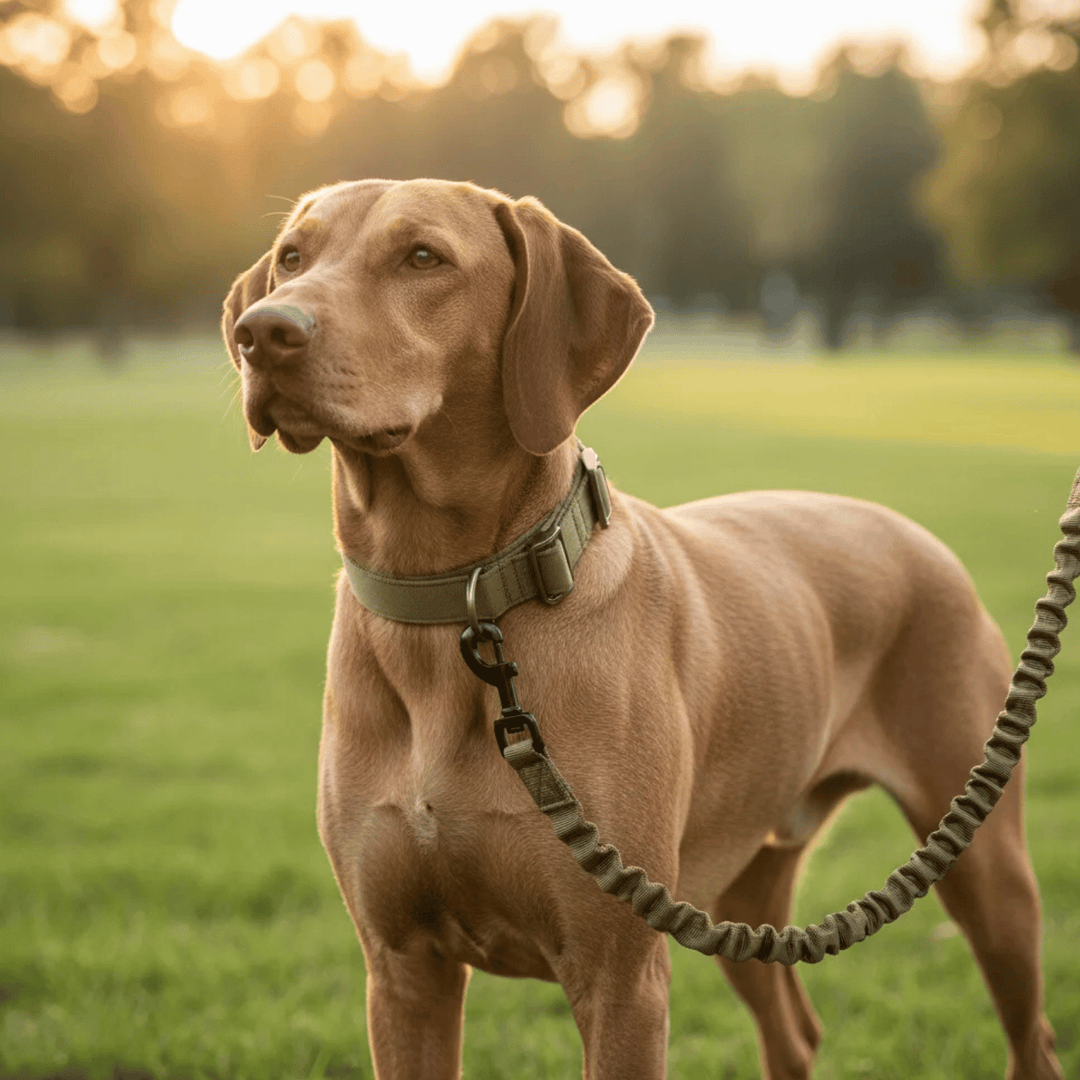 Bungee dog leash with comfortable padded handle and strong clip, perfect for dog walking