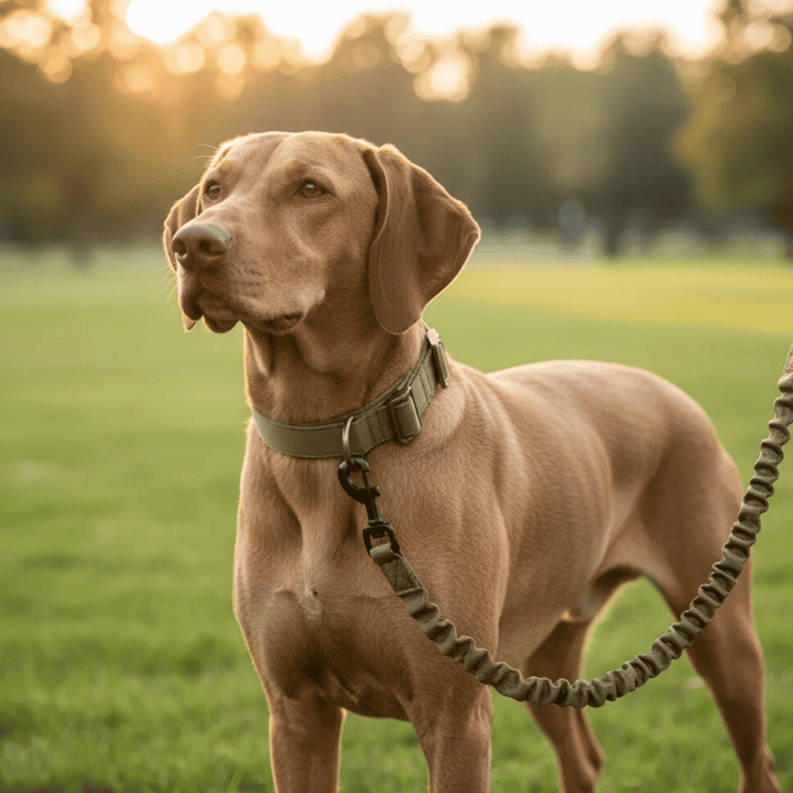 Bungee dog leash with comfortable padded handle and strong clip, perfect for dog walking