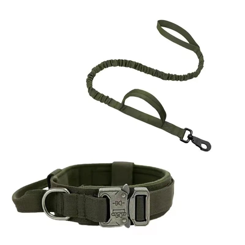 Durable tactical dog gear: black collar and leash combination for active pet adventures