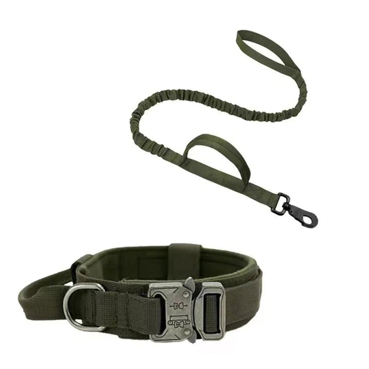 Durable tactical dog gear: black collar and leash combination for active pet adventures