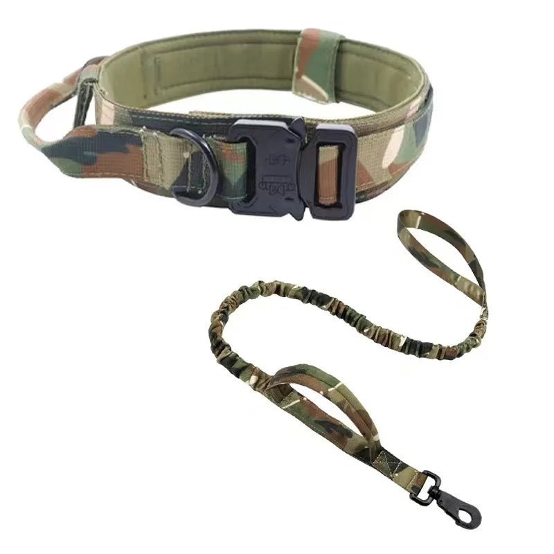 Comfortable tactical dog collar and bungee leash providing control for training and everyday use