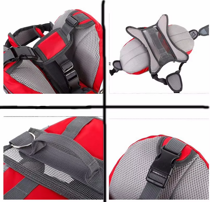 Labrador with an adjustable dog hiking backpack, carrying water bottles in side pockets, outdoor pet gear.