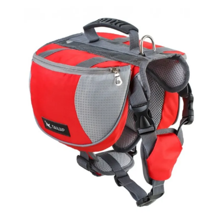Waterproof dog backpack, close-up of durable fabric and adjustable straps, with storage compartments.
