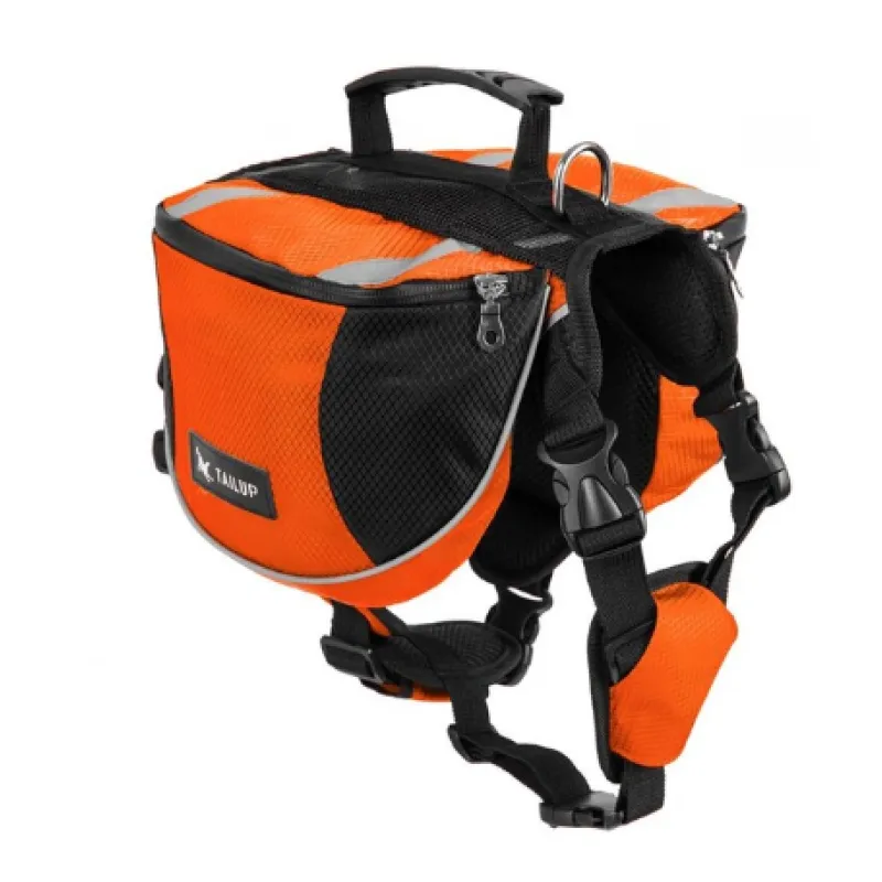 Black dog outdoor adventure backpack, waterproof material, with reflective strips for visibility, gear for pets.