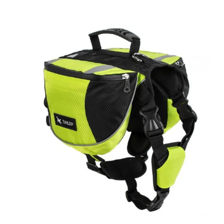 Dog travel backpack with multiple pockets, adjustable for various breeds, shown on a grassy outdoor area.