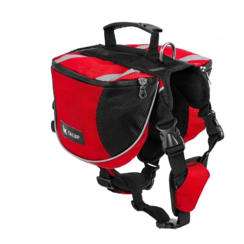 Small dog wearing an outdoor hiking backpack, perfectly fitted, ready for adventure, pet gear accessory.