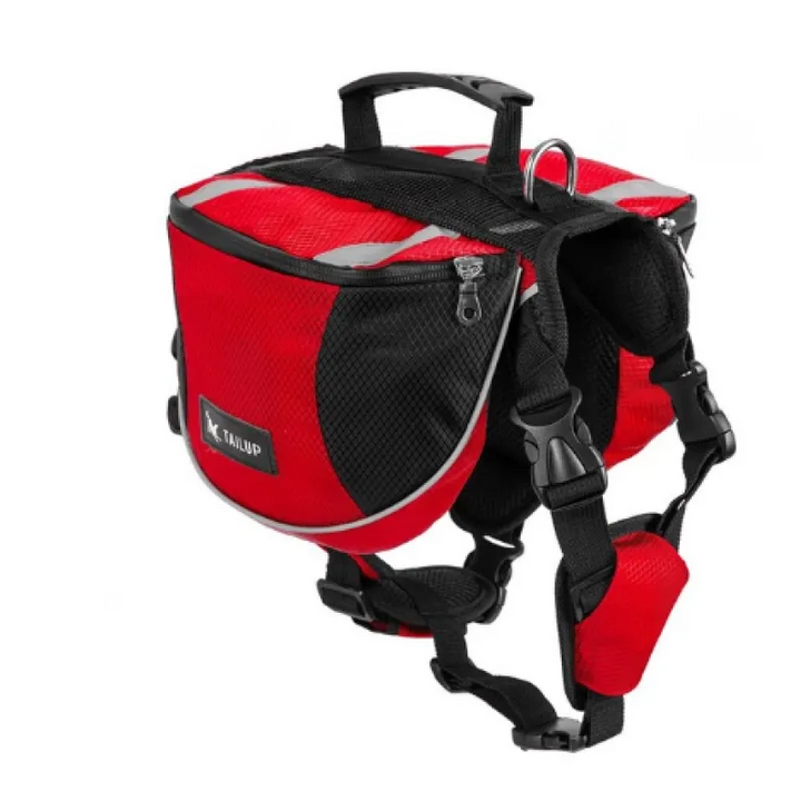 Small dog wearing an outdoor hiking backpack, perfectly fitted, ready for adventure, pet gear accessory.