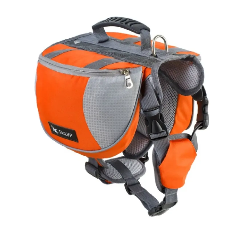 Waterproof dog backpack, empty, laid flat to show construction and adjustable features, durable pet travel gear.