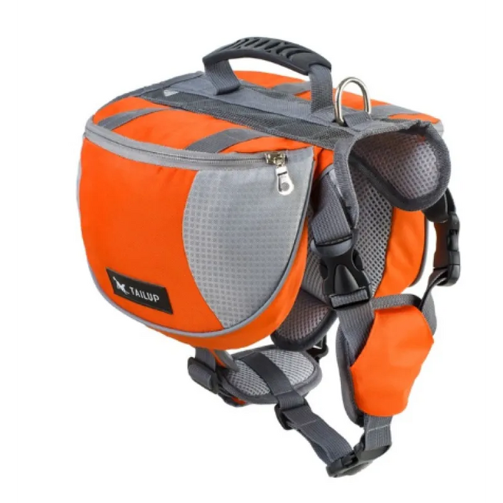 Waterproof dog backpack, empty, laid flat to show construction and adjustable features, durable pet travel gear.