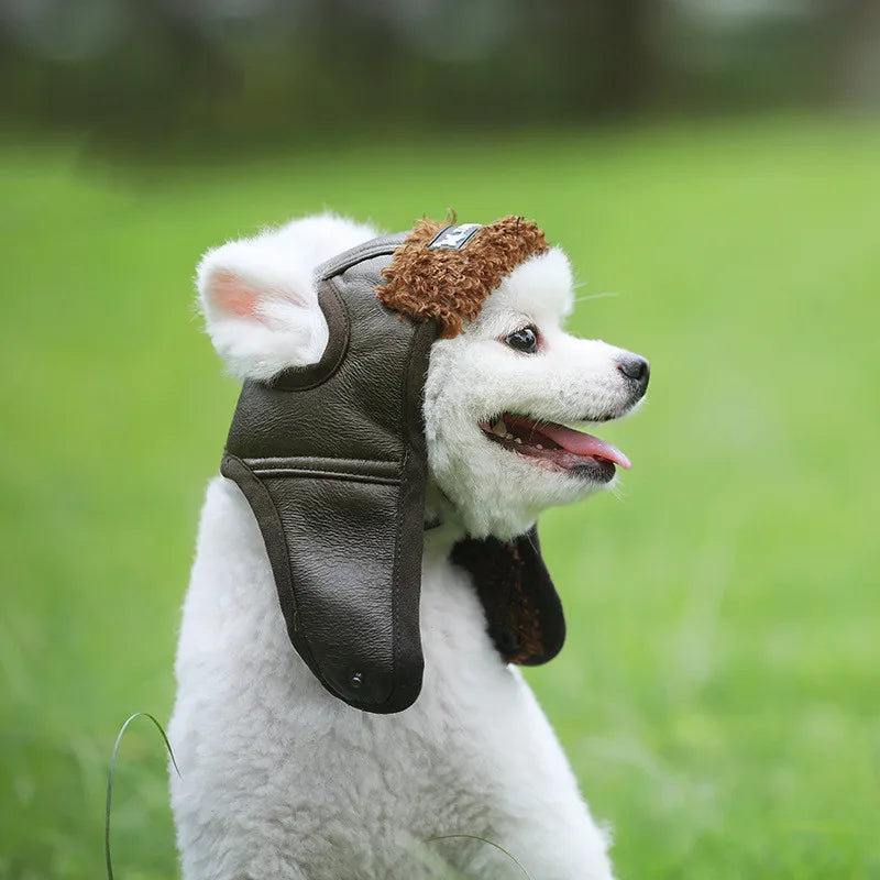 Dog winter ear protection headgear with soft lining, brown leather finish for warmth & comfort.