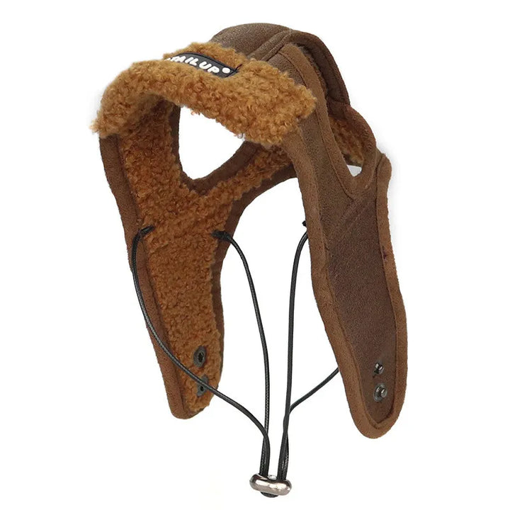 Warm dog accessory: pet ear protection headgear, brown leather with cozy lining for winter.