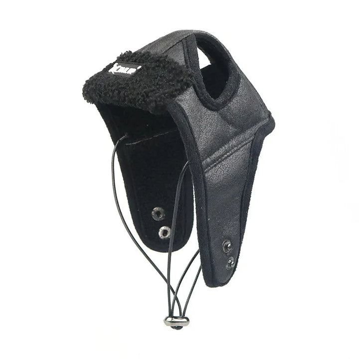 Outerwear for dogs: brown leather winter ear protection headgear, soft lined for pet comfort.