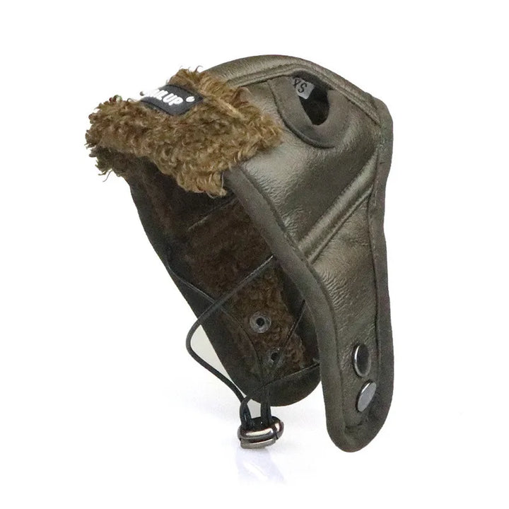 Dog accessories: brown leather ear protection headgear with soft lining for cold weather.